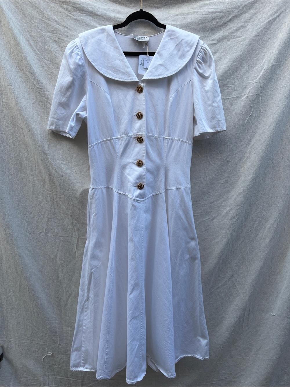 White Sailor-Collar Maxi Dress with Decorative Buttons